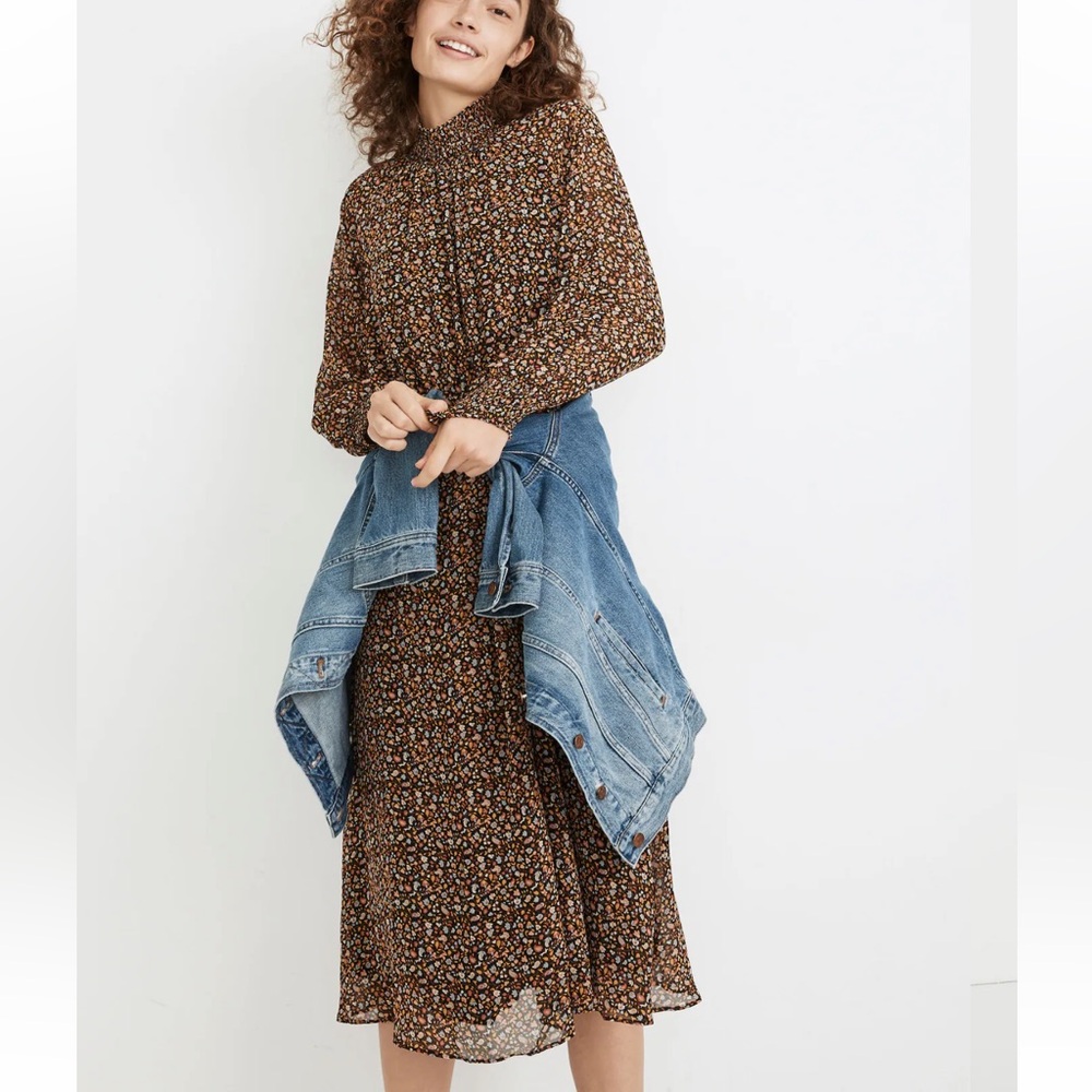 MADEWELL (Re)sourced Georgette Smocked-Neck Midi Dress‎ Folktale Paisley Black M